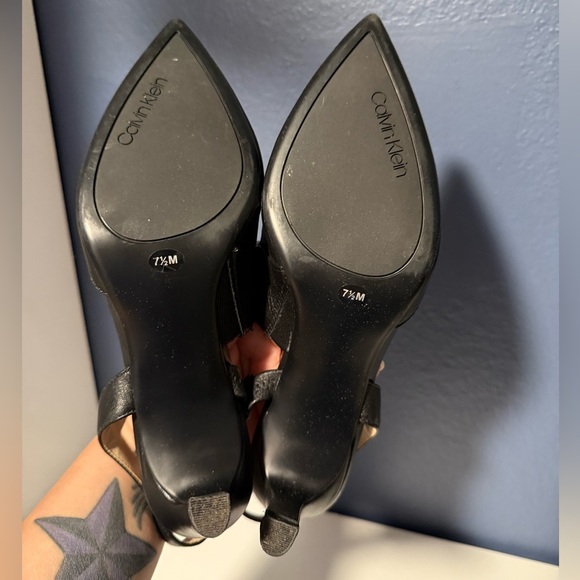 Calvin Klein Latin Pointed Toe Black Slingback Asymmetrical Strap Pumps - Picture 6 of 9